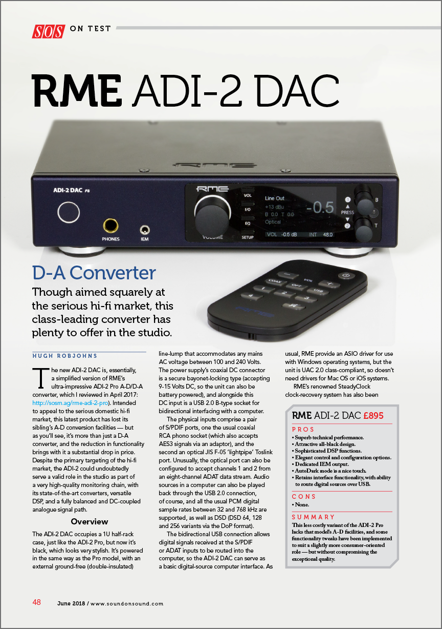 RME ADI-2 DAC review by Sound On Sound - Synthax Audio UK