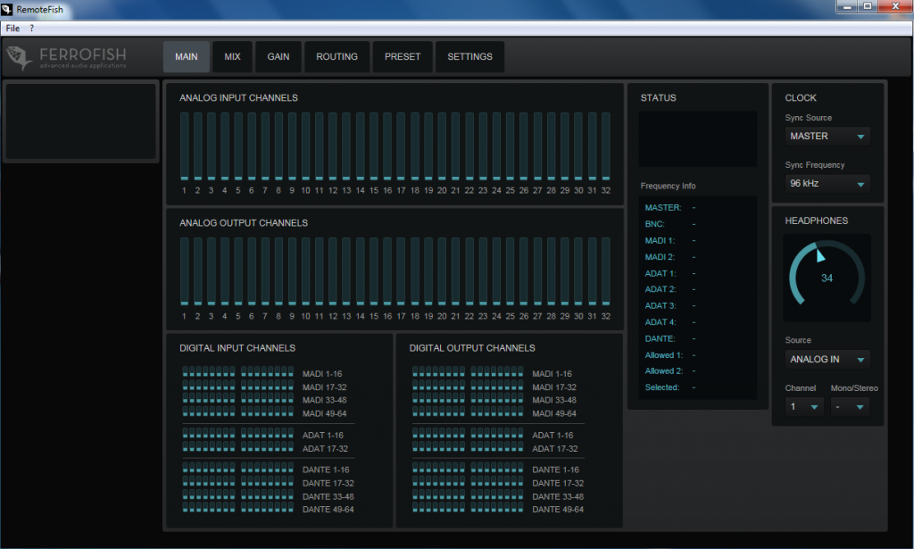 Ferrofish RemoteFish Software - Main Menu - Synthax Audio UK