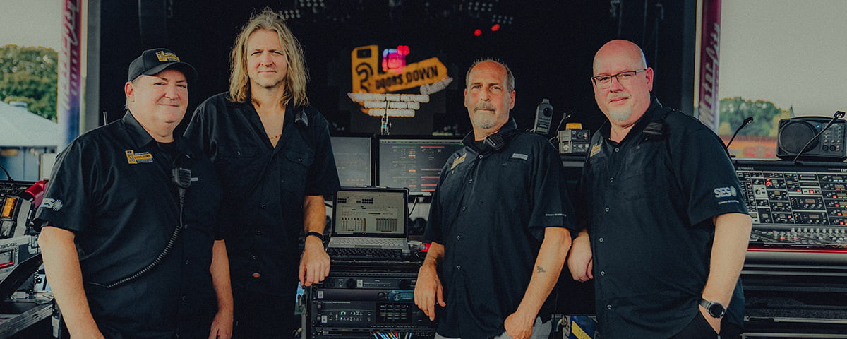 3 Doors Down FOH team (Warren Cracknell, Michael Baker, Michael Mordente and Curtis Flatt)