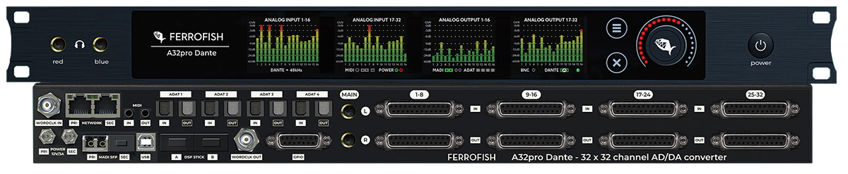 Ferrofish A32pro Dante front and back panels