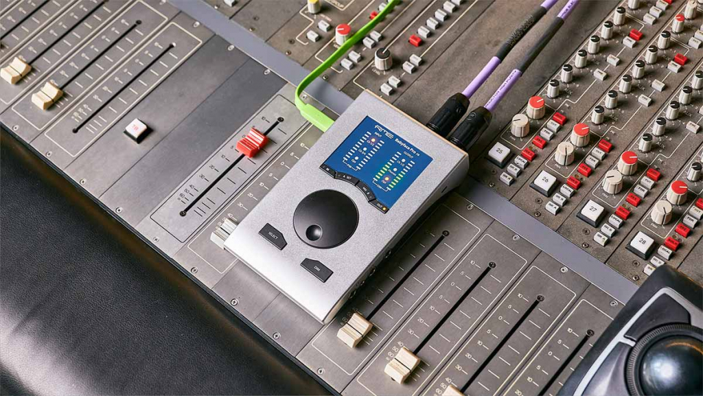 RME Babyface Pro FS sat atop a mixing desk