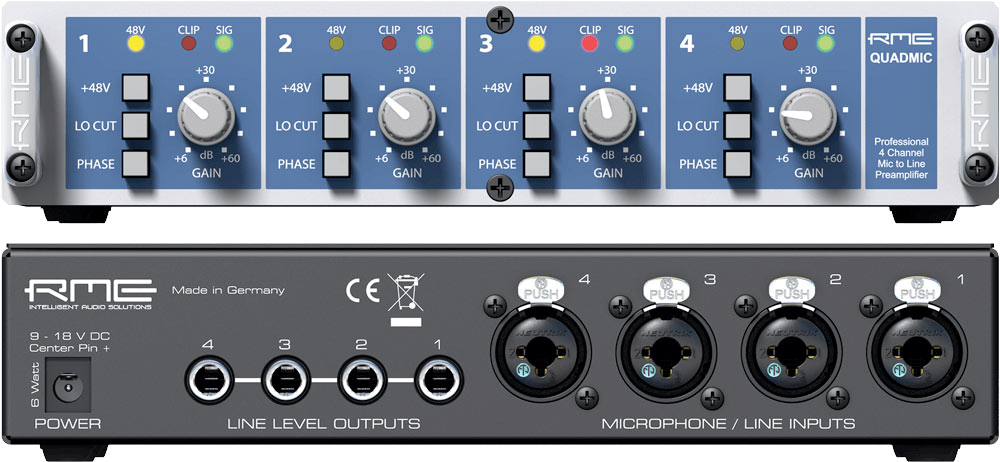 Front and back panels of the RME Quadmic 4-Channel microphone preamp