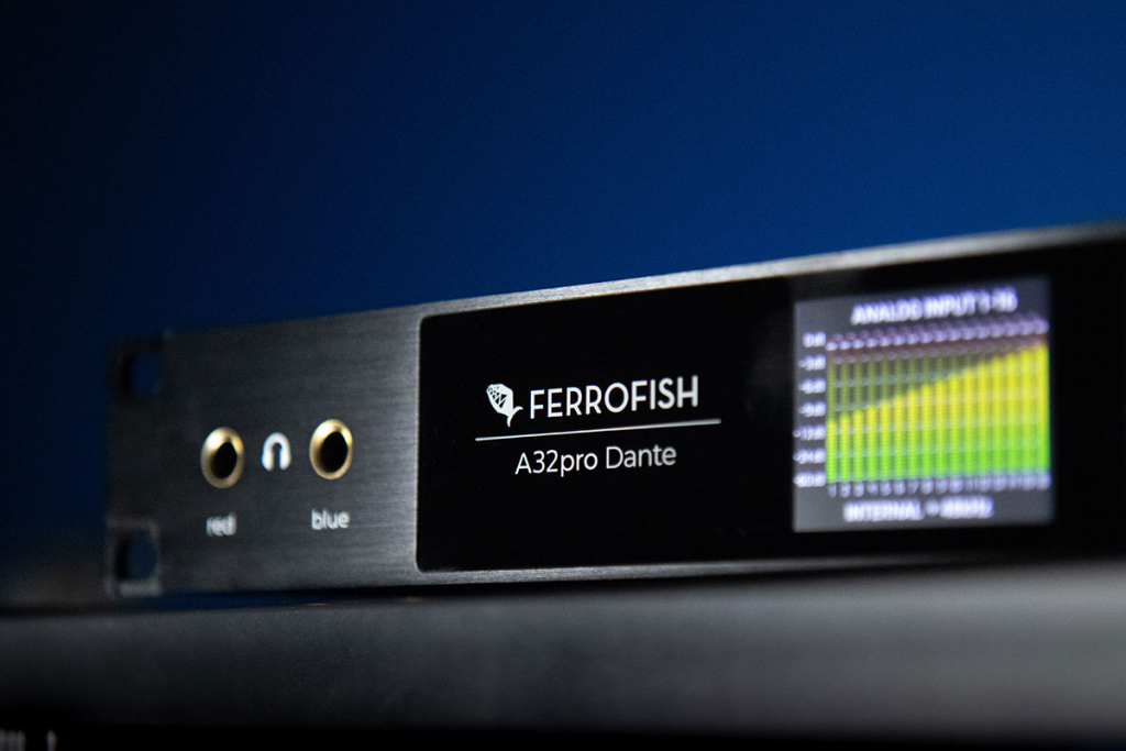 Close-up photo of the Ferrofish A32pro Dante front panel logo