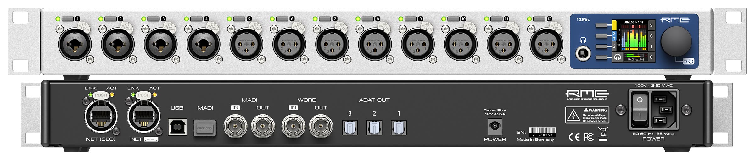 Front and back panels of the RME 12Mic-D Dante microphone preamp