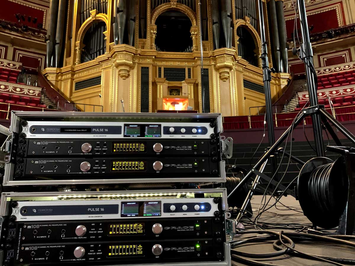 Ferrofish Pulse 16s and Grace M108s in front of the RAH Grand Organ