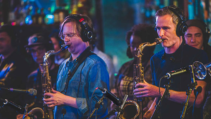 Snarky Puppy horn players with Lauten Audio Microphones