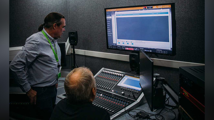 Simon Roome and Howard Austen with the Calrec Brio 36 at Ravensbourne