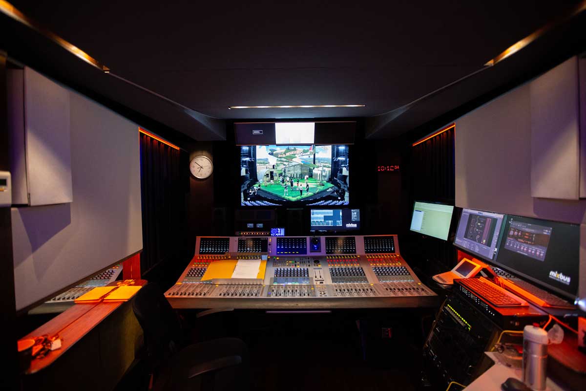The control room and mixing console inside the Mixbus