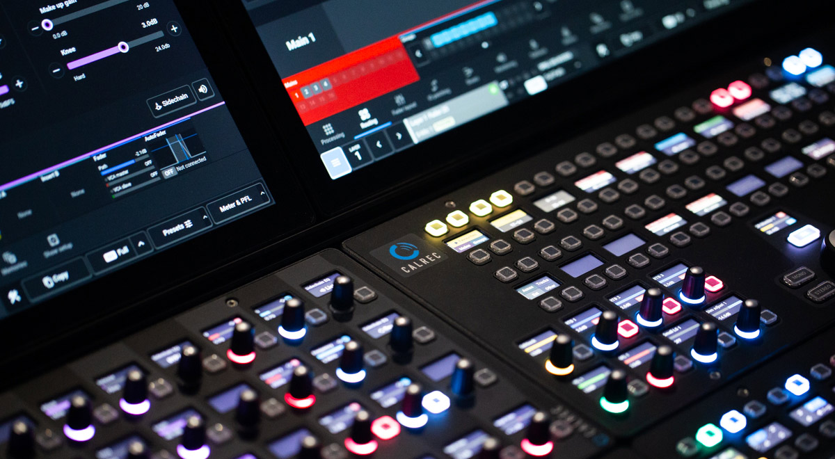 Closeup of the Calrec Argo broadcast console