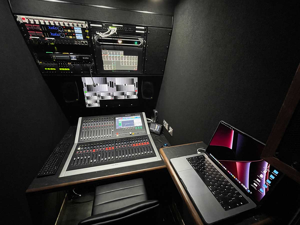 Calrec Brio and Macbook Pro inside Riverside Television's OB Truck