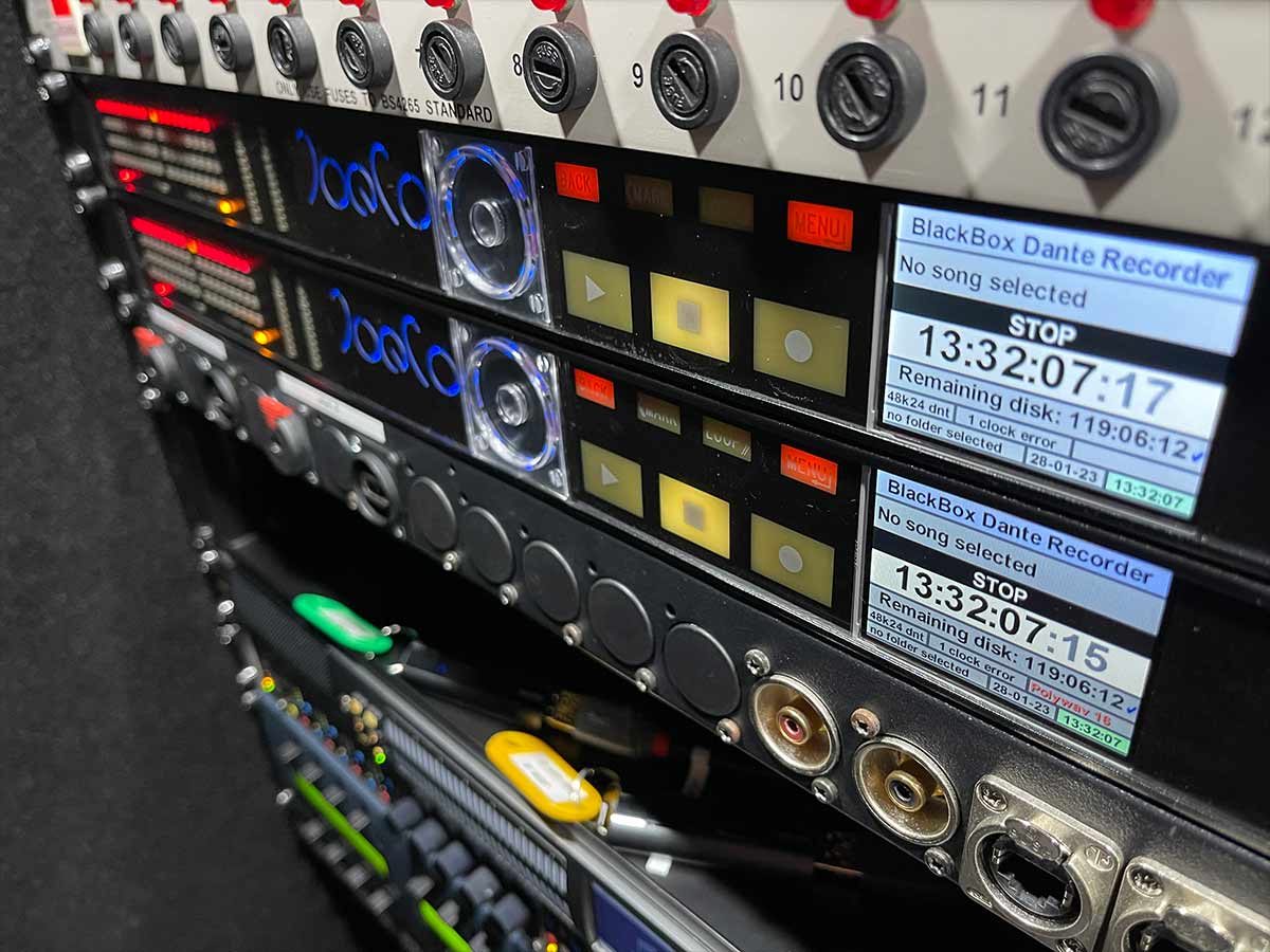 Redundant JoeCo recorders in a rack of broadcast audio equipment