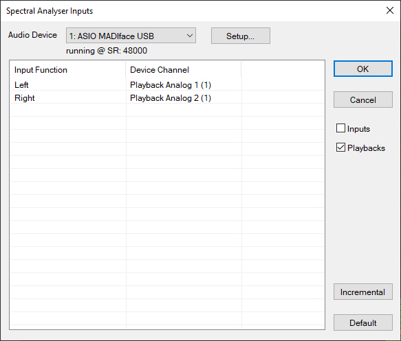 Selecting inputs in RME DIGICheck NG for Windows