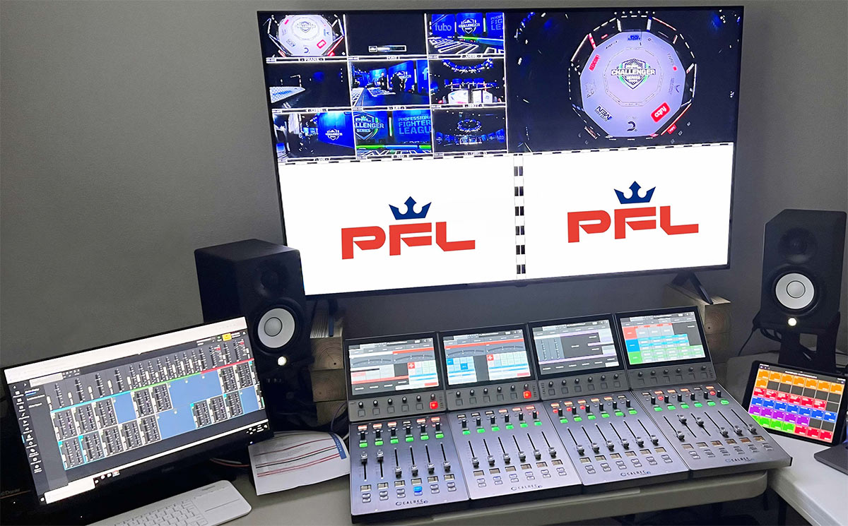 Calrec Type R console in front of large screen monitoring for Professional Fighters League