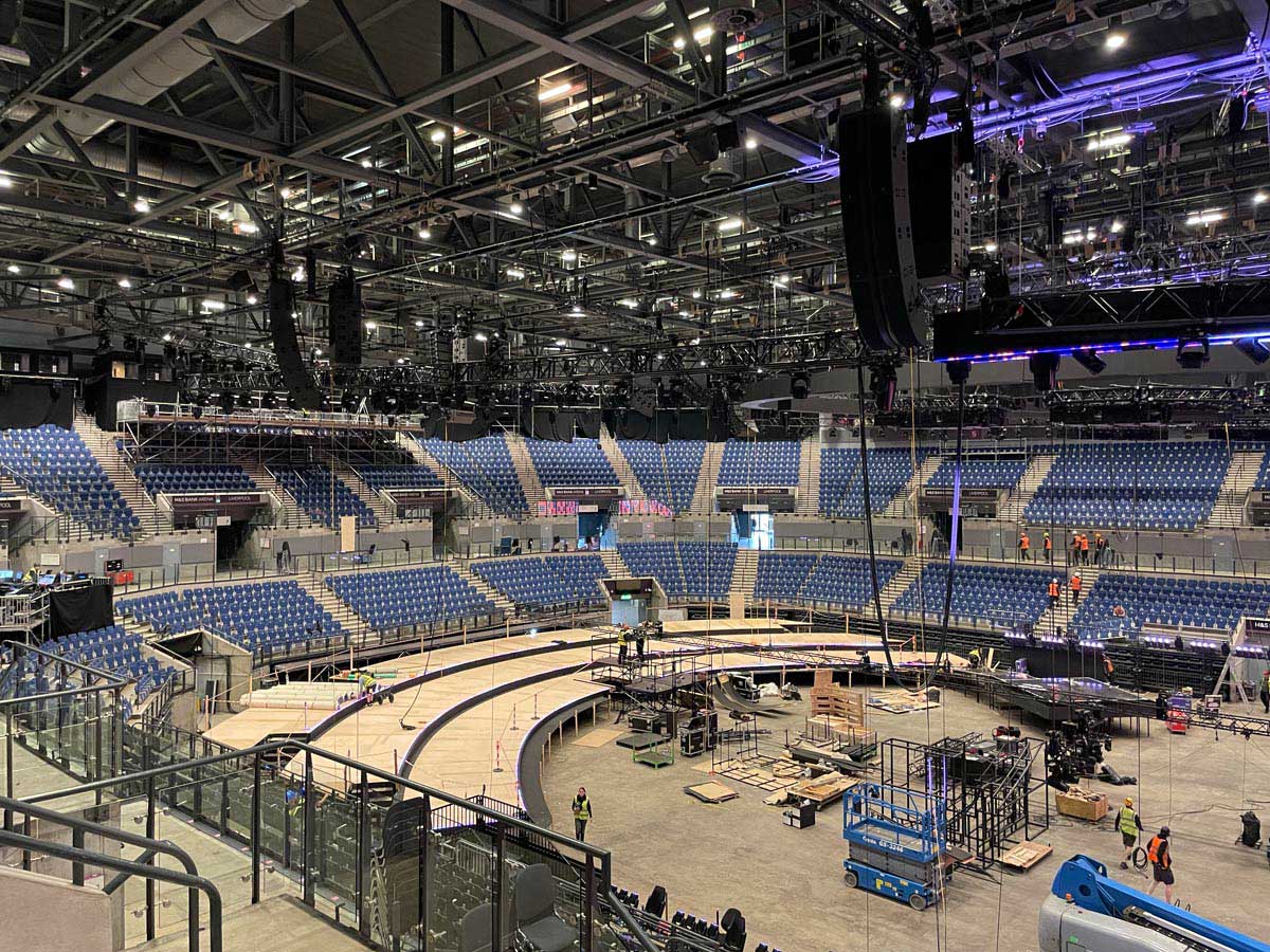 Wide shot of the Liverpool Arena during buildup for Eurovision 2023