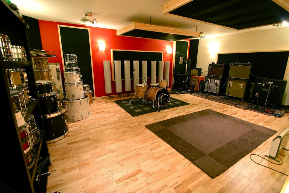 The live room at Long Wave Studios features lots of drums