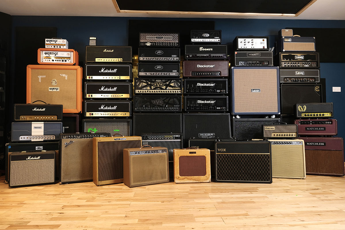 A range of guitar amps and cabinets owned by producer Romesh Dodangoda