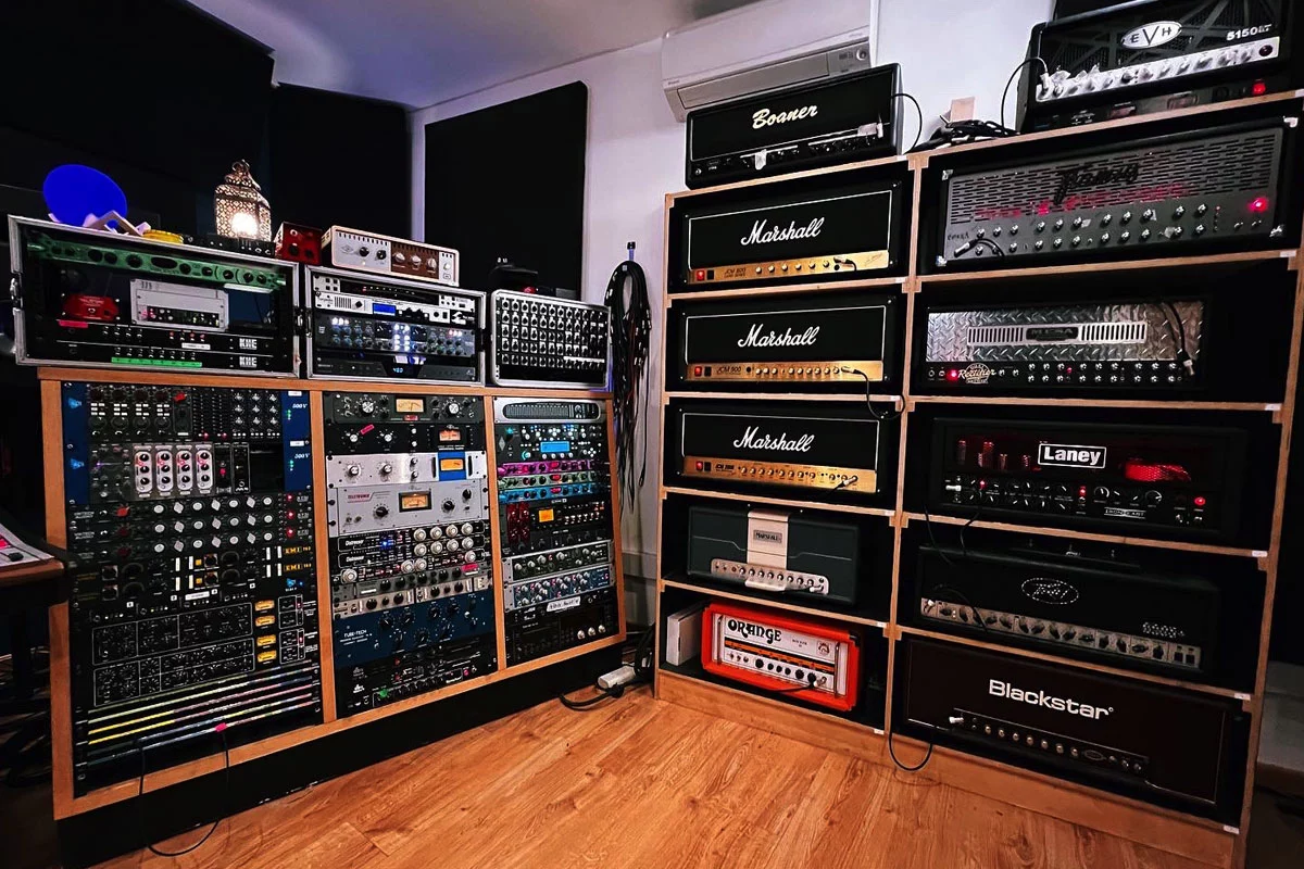 Amplifiers and studio outboard in Romesh Dodangoda's Longwave Studios, Cardiff