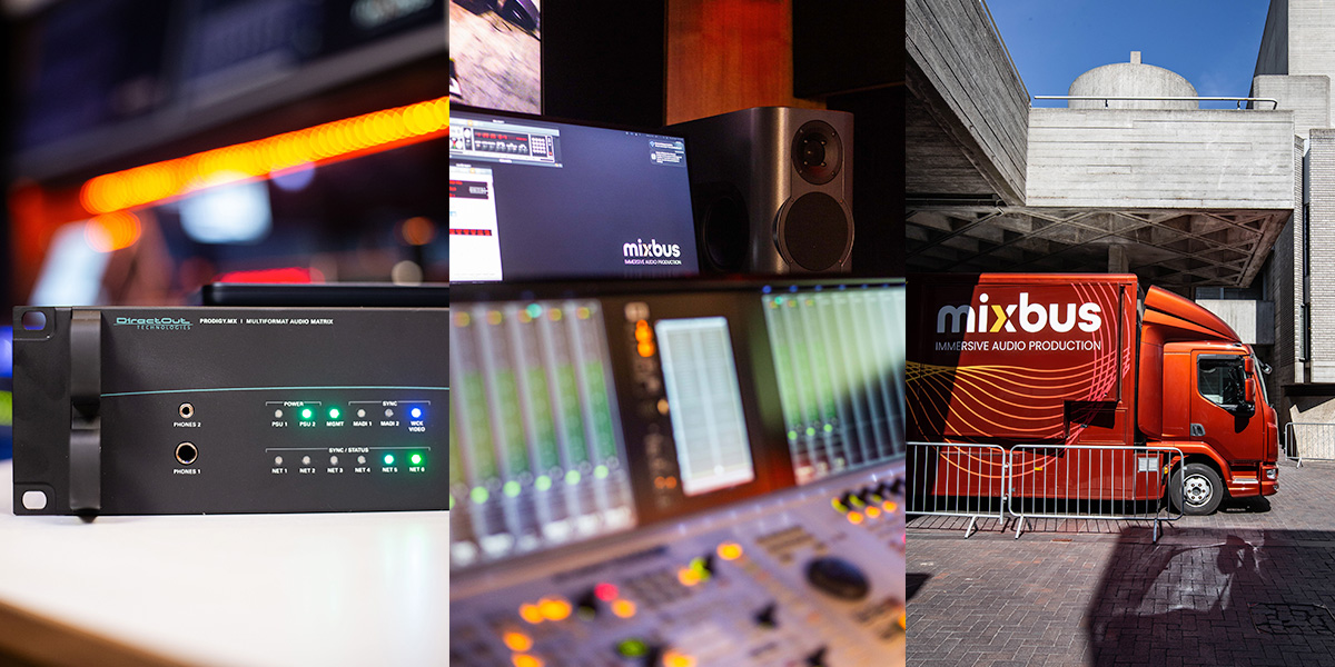 Collage featuring the DirectOut Prodigy.MX, Studer Vista X and Mixbus OB truck