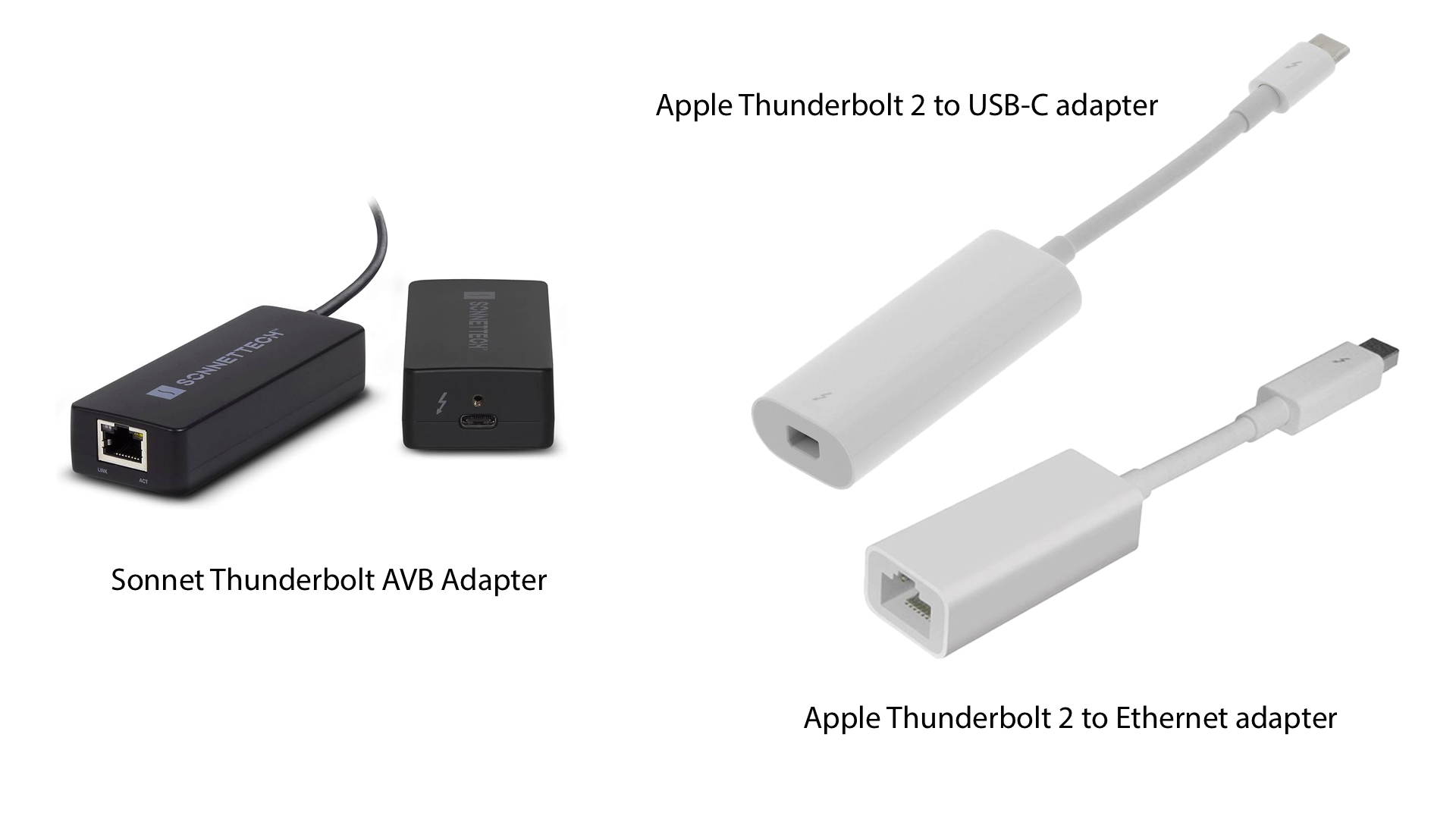 Sonnet Thunderbolt to AVB adapter, Apple Thunderbolt 2 to USB-C adapter, and Apple Thunderbolt 2 to Ethernet adapter