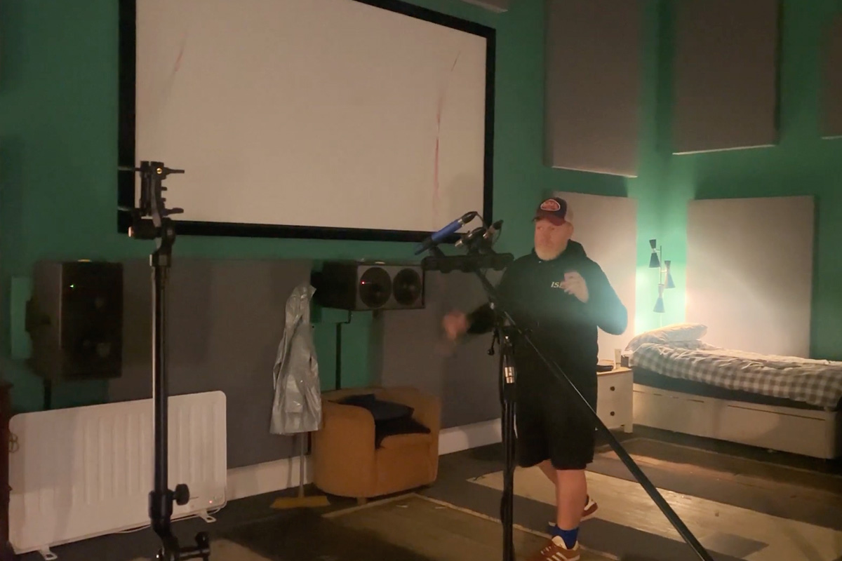 Foley Artist Jason Swanscott recording a whip