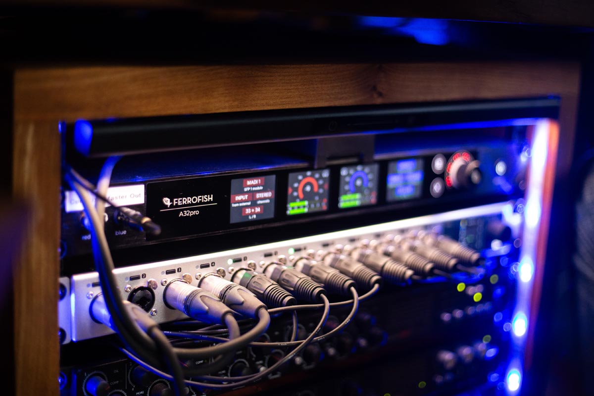 Closeup of the Ferrofish A32pro and RME 12Mic in a studio rack