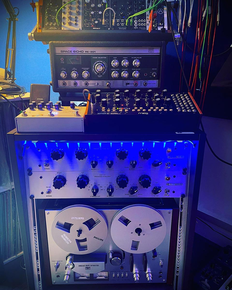Roland Space Echo, Moog Mother-32, Klark Technik EQP-KT and an Akai reel to reel tape machine