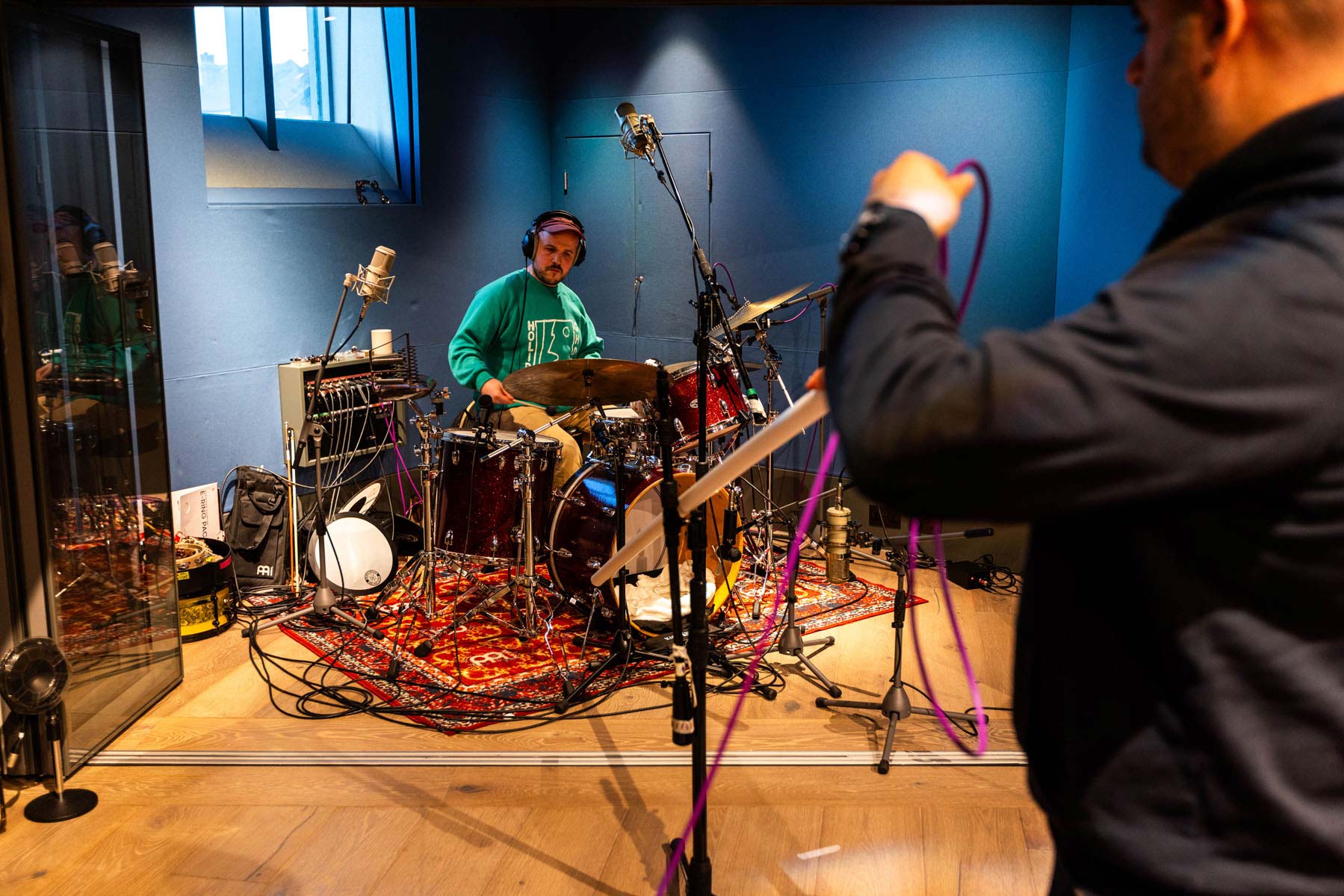 Engineers recording a drum kit at Salvation Studios in Brighton, UK