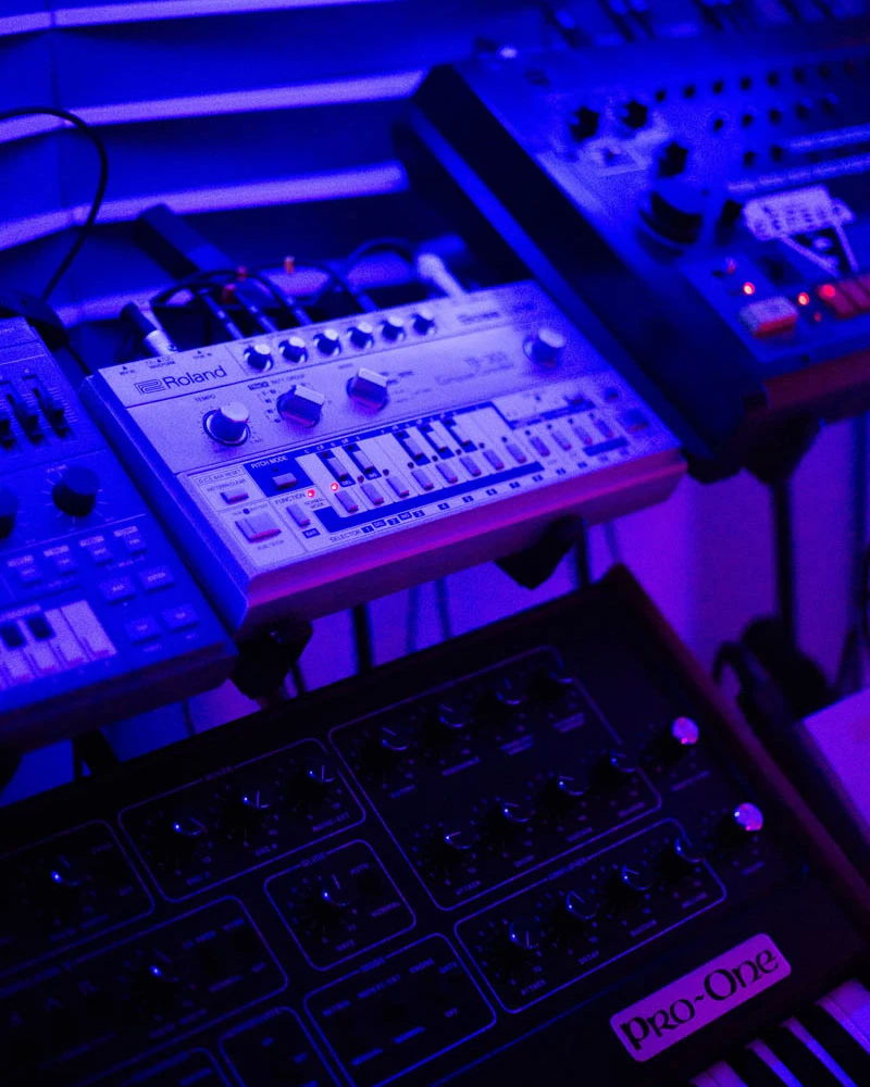 Roland TB-303 next to a TR-808 in the studio