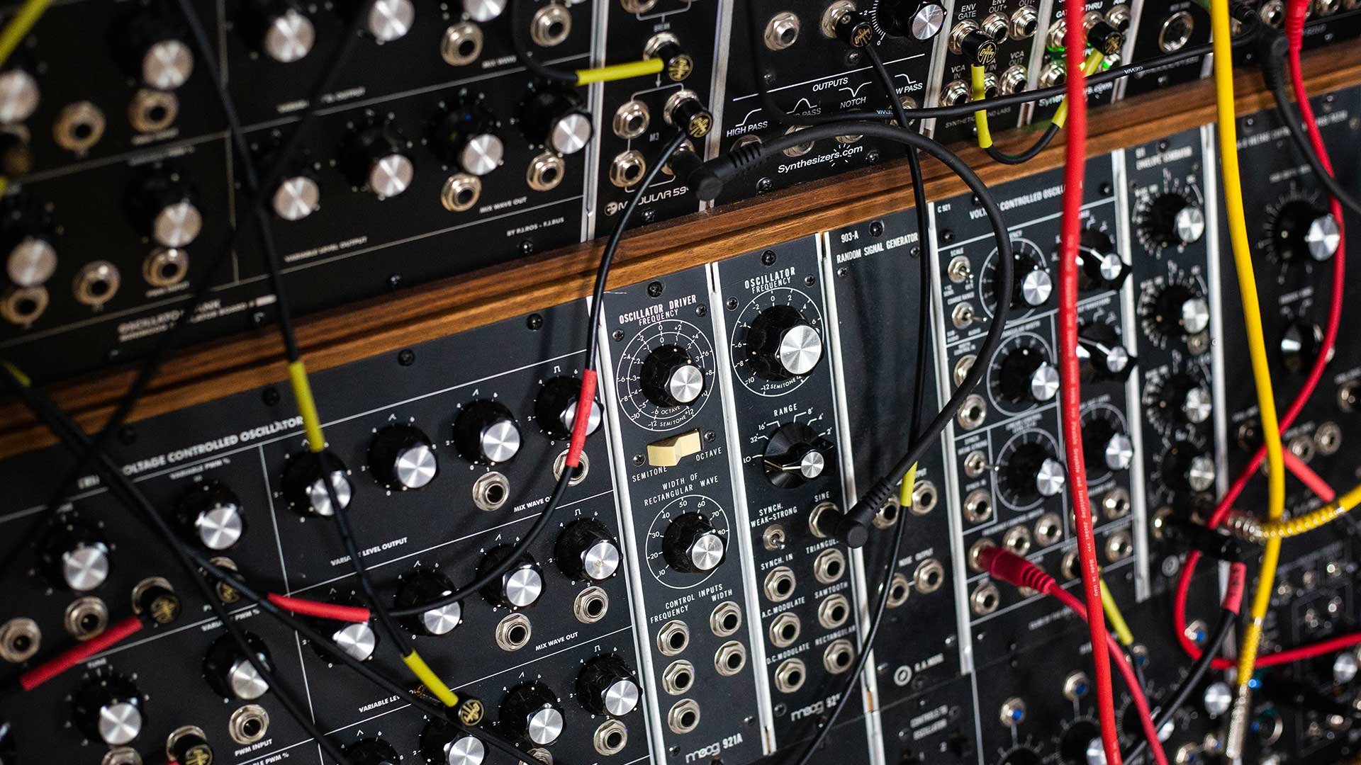 Closeup of a Moog modular synthesizer rig