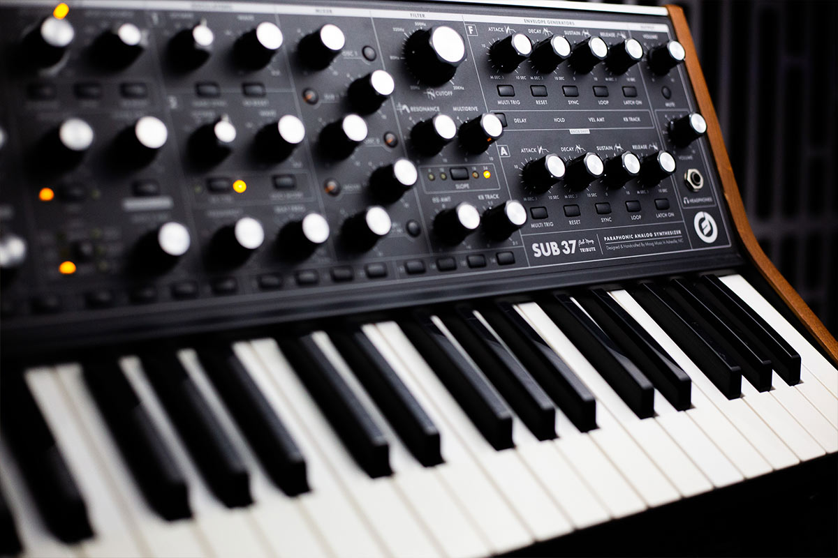 Closeup of the Moog Sub 37 synthesizer