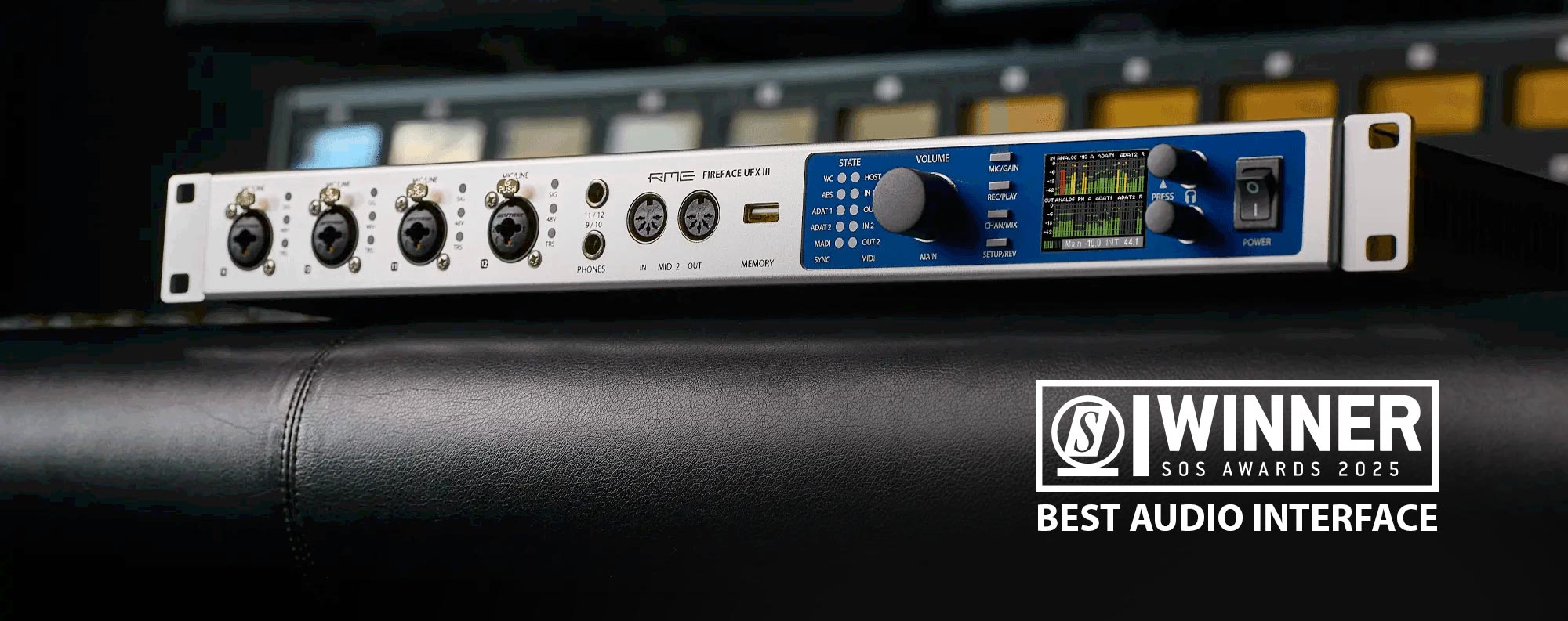 RME Fireface UFX III audio interface on a mixing console