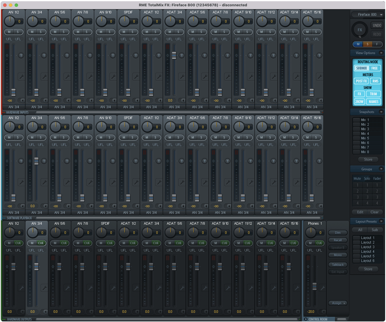 RME TotalMix FX mixer window