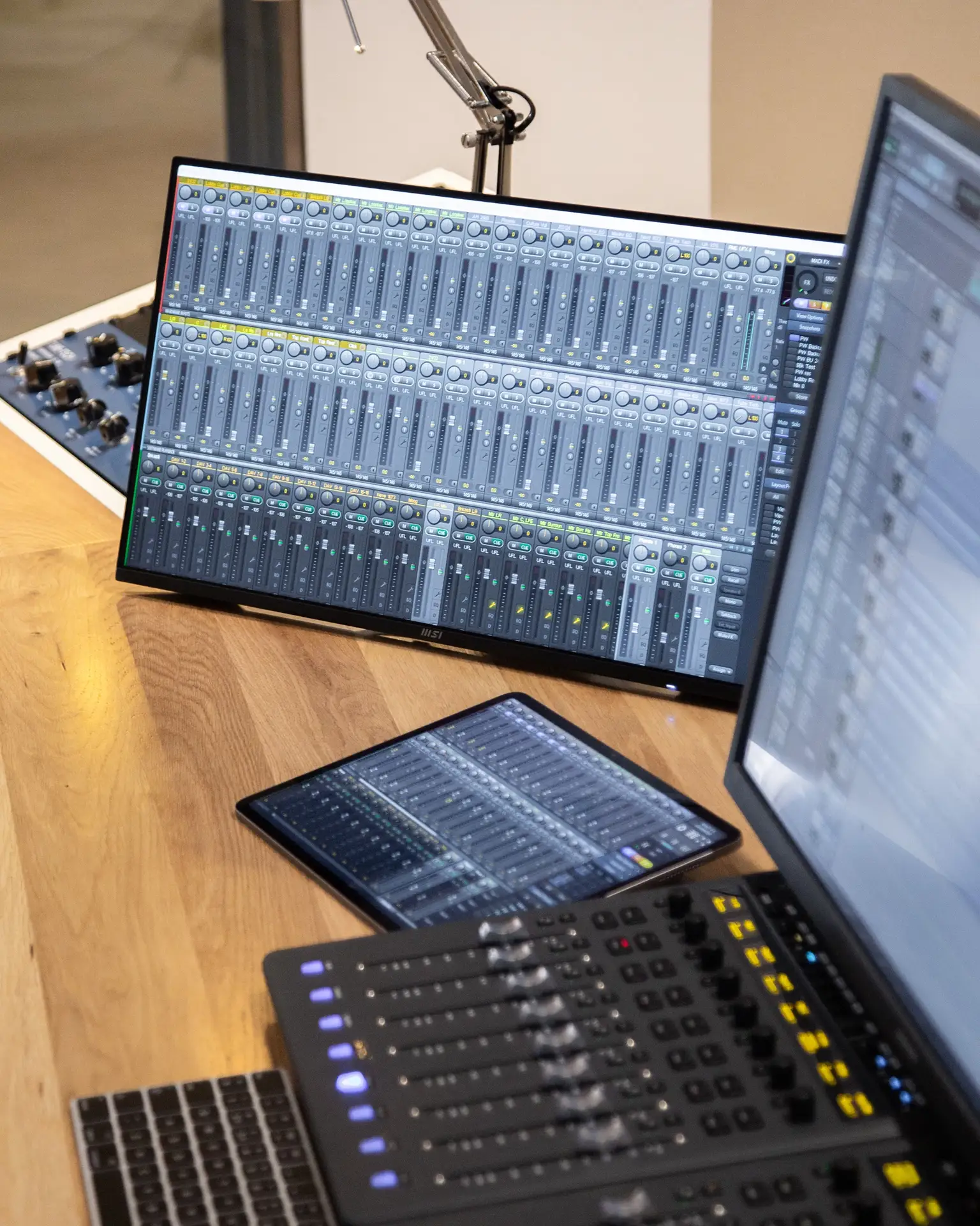 Displays showing RME's TotalMix FX software and Avid S1