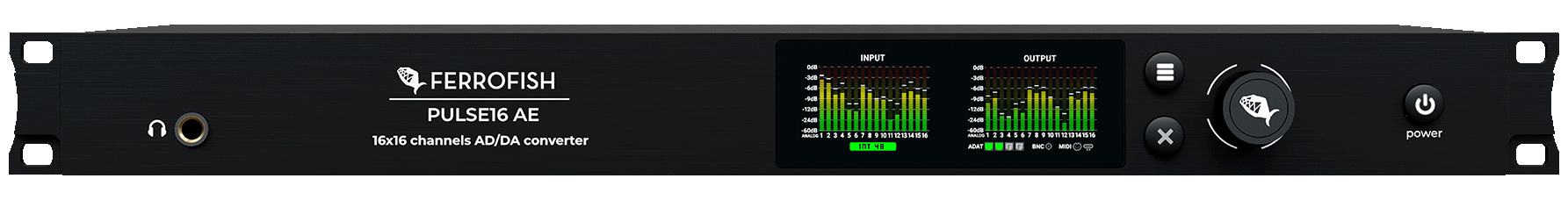 Front panel render of the Ferrofish Pulse 16 AE