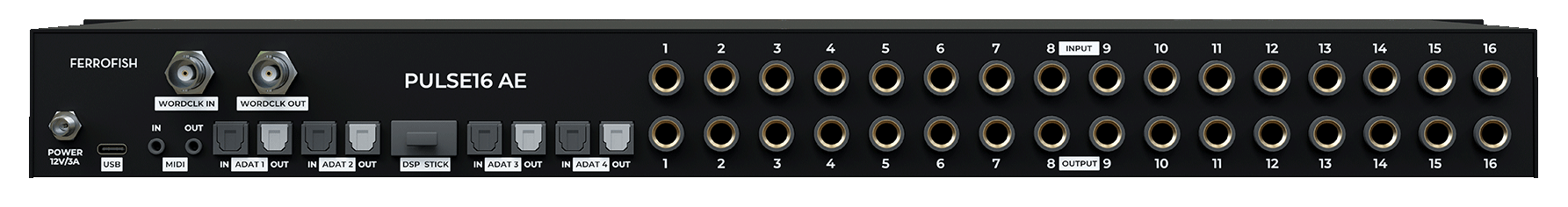 Rear panel render of the Ferrofish Pulse 16 AE