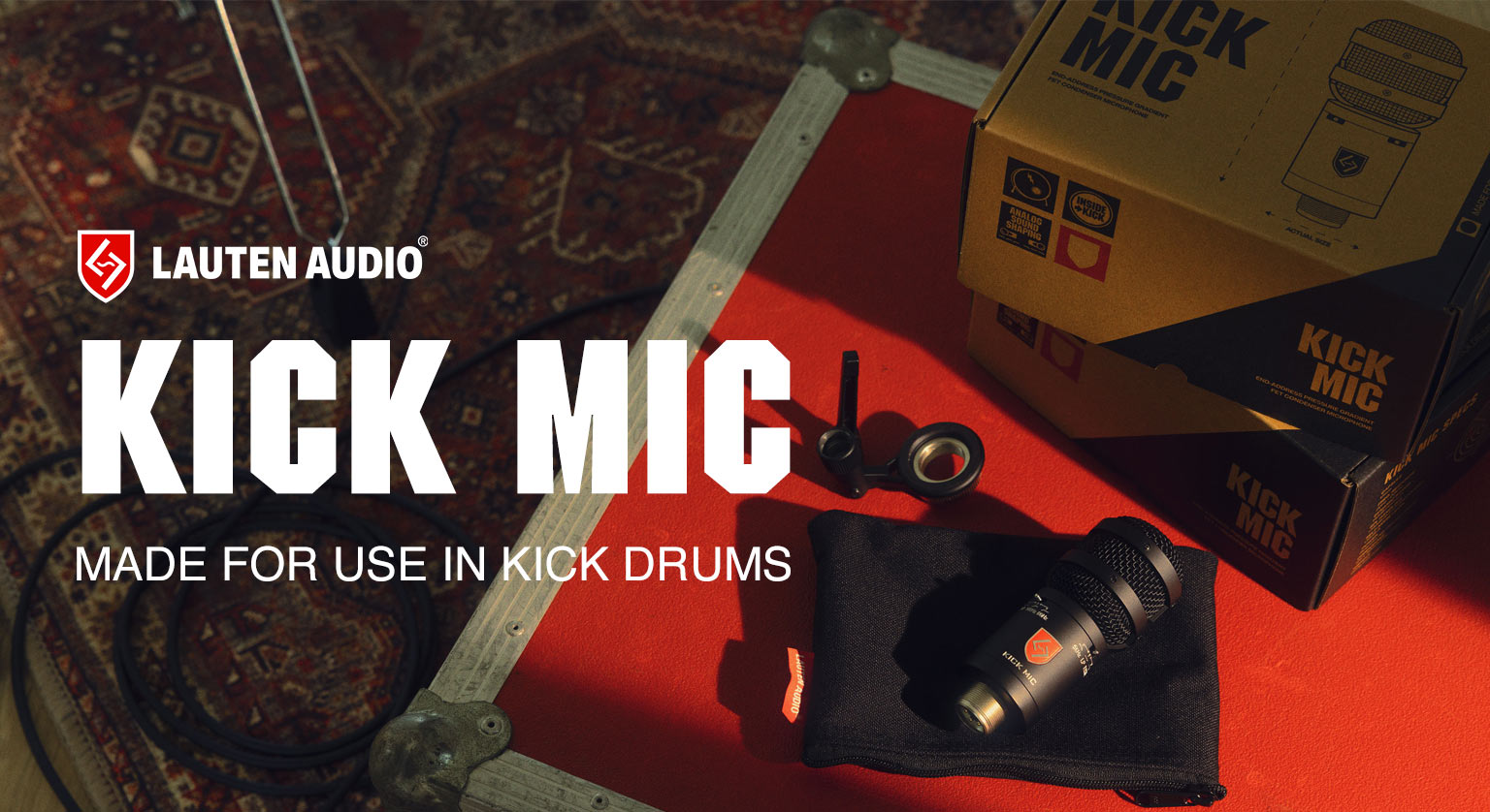 Lauten Audio Kick Mic on top of red flight case