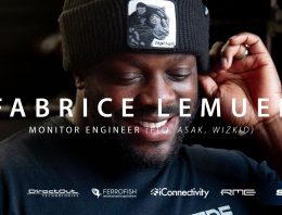 Closeup of Fabrice Lemuel, monitor engineer for FLO