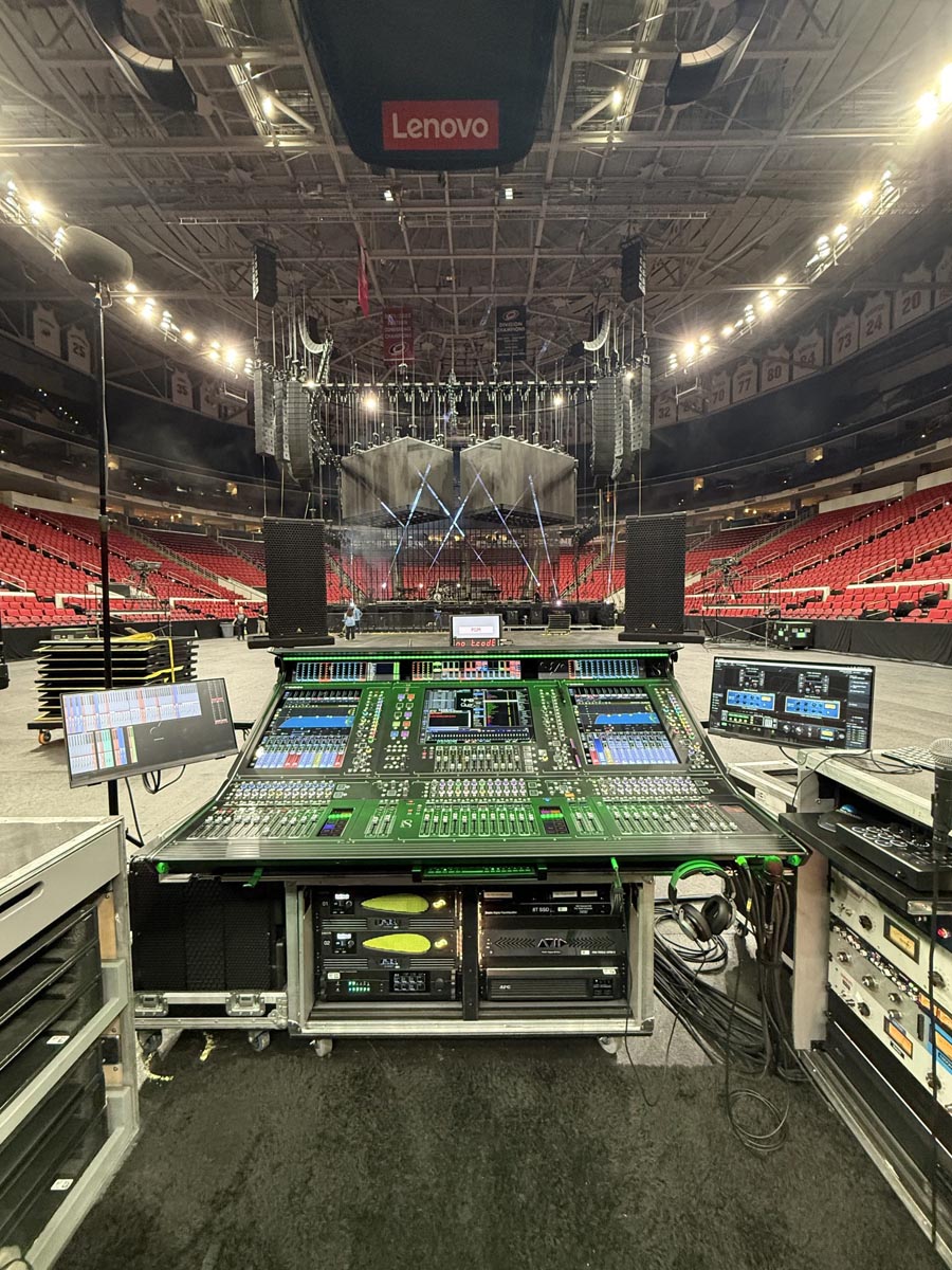 FOH mixing console in a stadium for Linkin Park tour