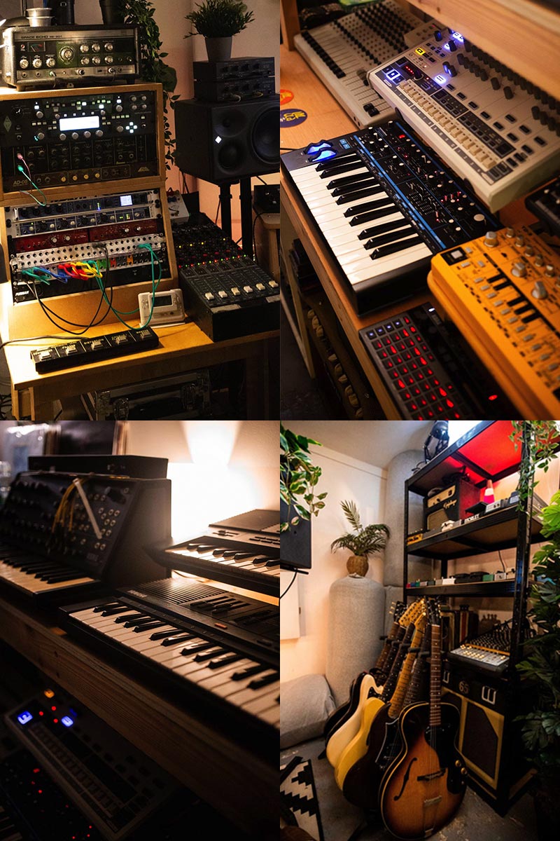 Collage of synths, guitars and music equipment