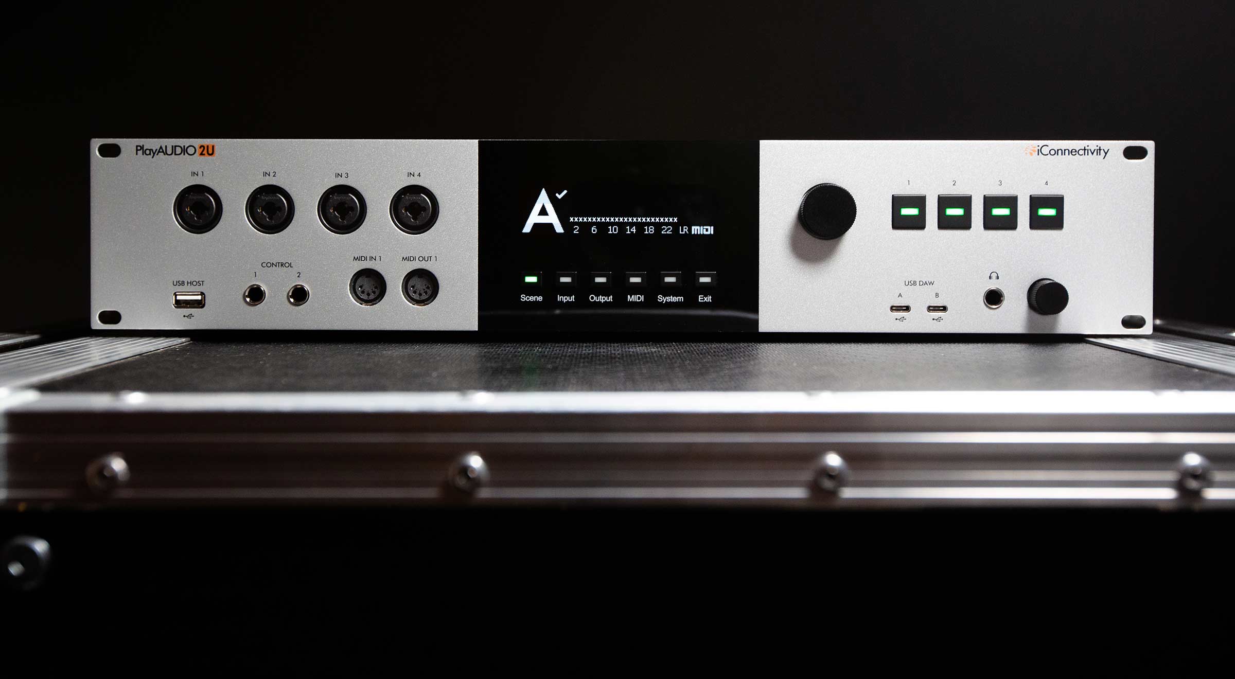 Closeup of the iConnectivity PlayAUDIO2U on a flightcase