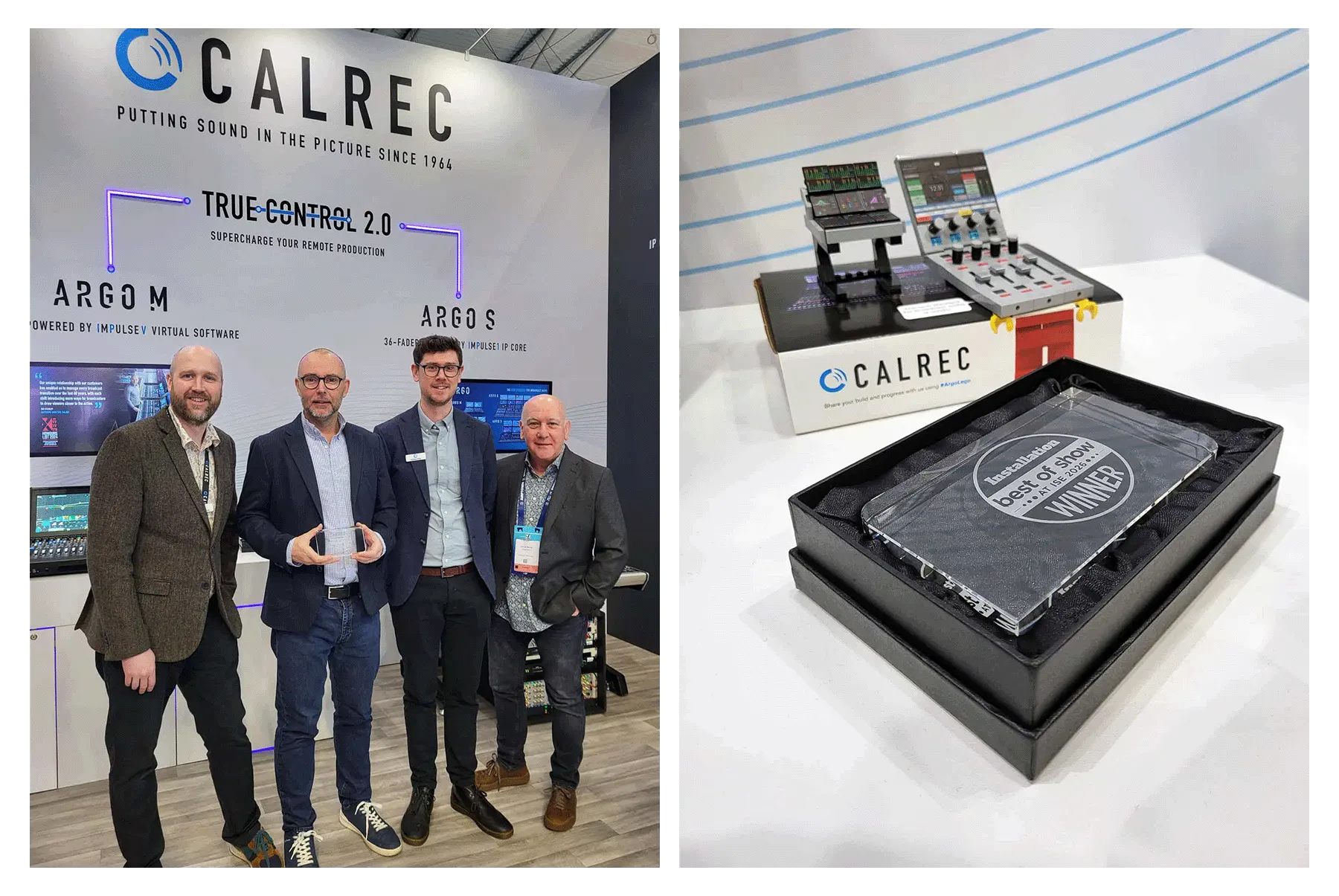 Left - Calrec's Team with Best of Show Award at ISE 2026. Right- Award and some Calrec Lego