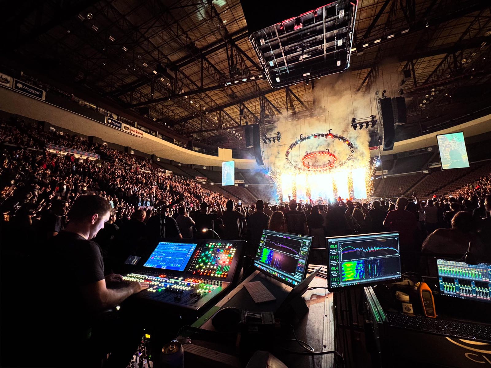 FOH engineer Kyle Gerhart in his FOH workstation during a Creed live performance.