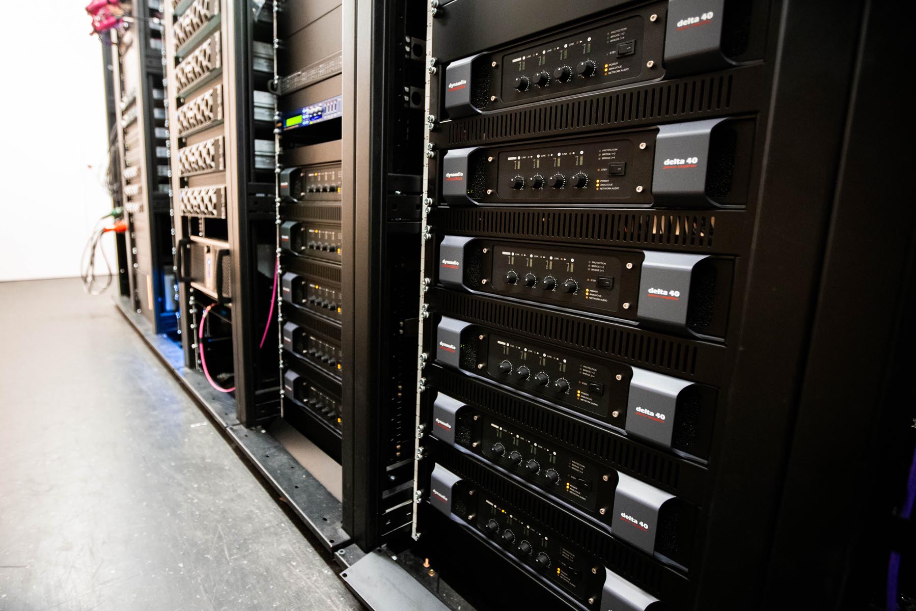 Dynaudio Acoustics M-series Delta amplifiers in a machine room