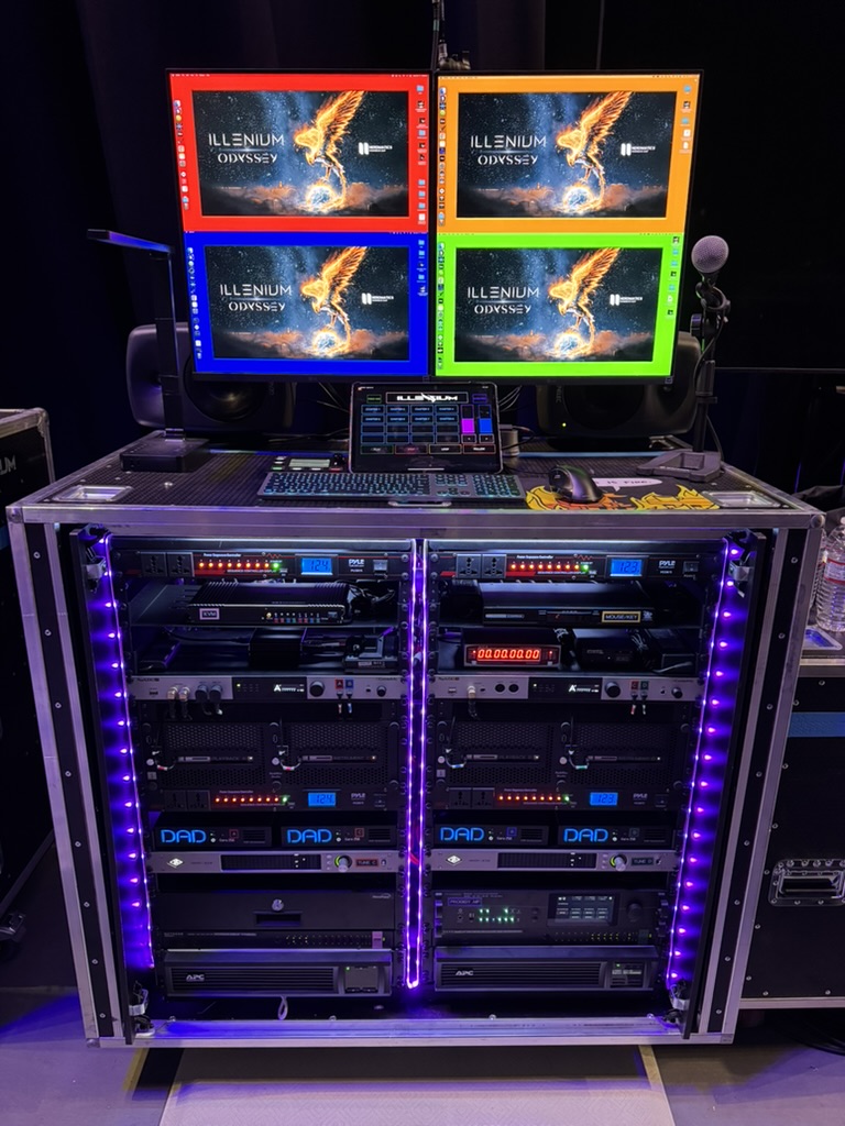 Redundant rack of audio gear including DirectOut Prodigy and four displays on top