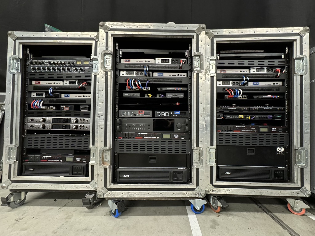 Racks of equipment used on Linkin Park tour including DirectOut and iConnectivity MioXMs
