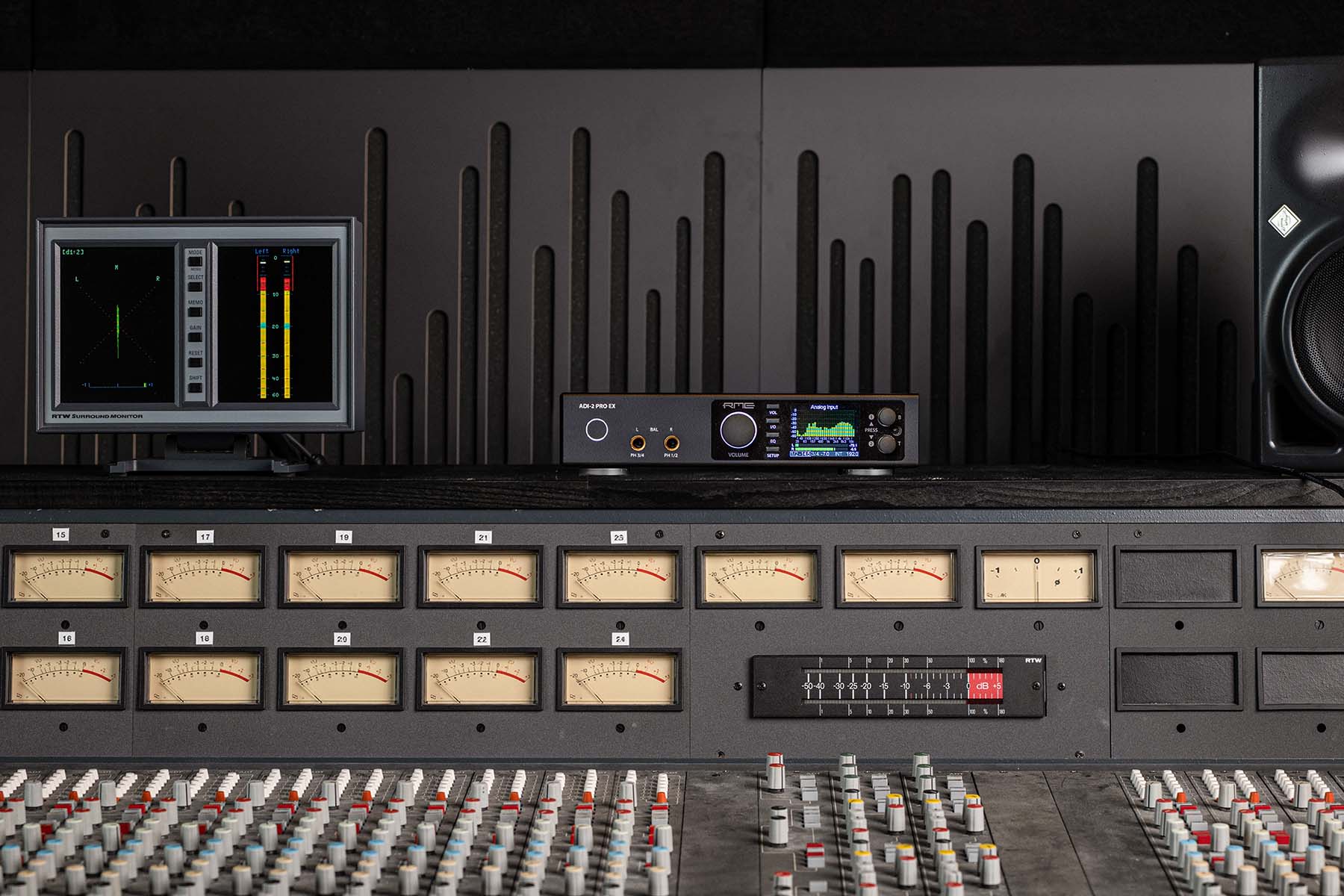RME ADI-2 Pro EX on a mixing desk meter bridge