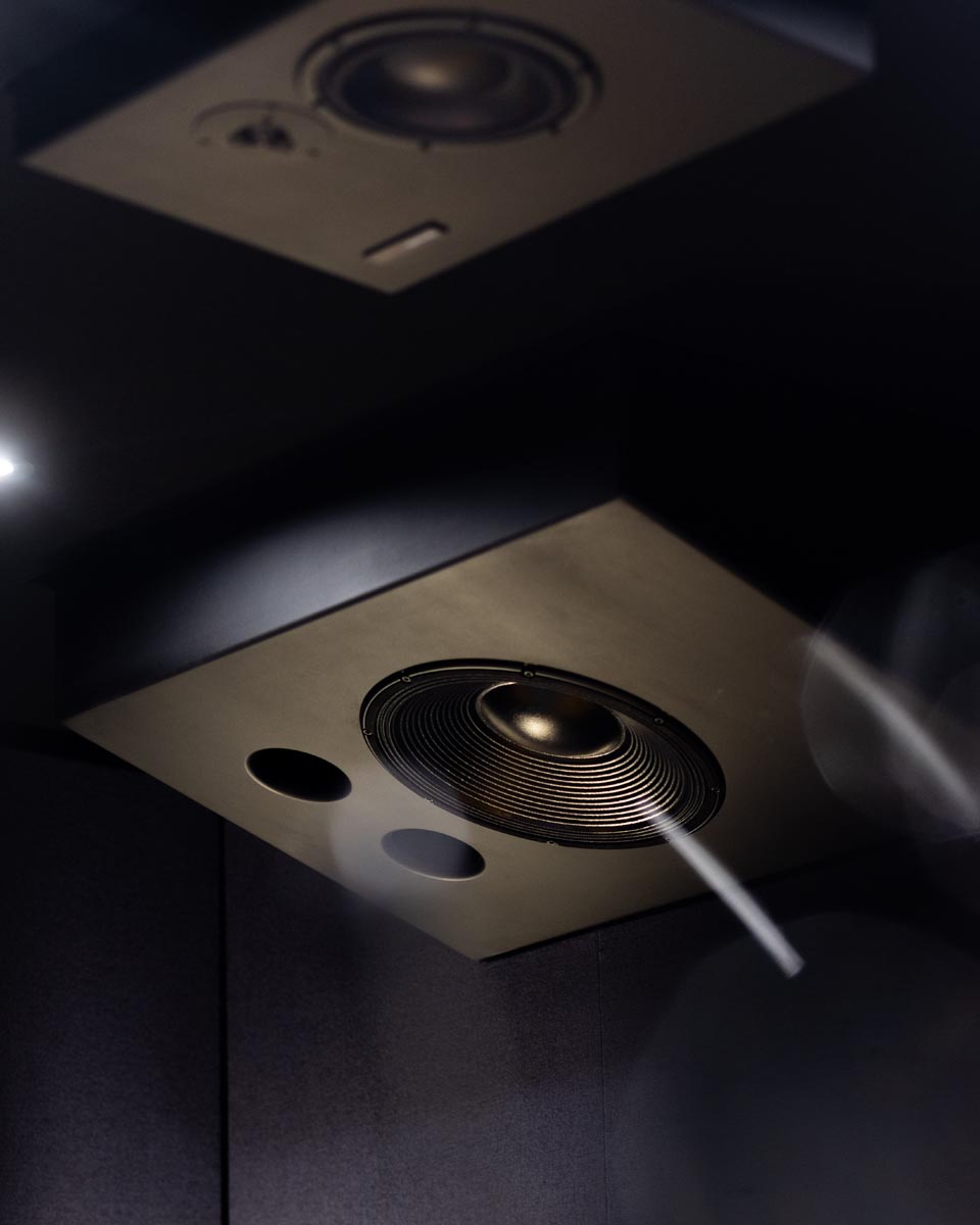Dynaudio MS18 subwoofer and MF15 mounted in the ceiling at String and Tins