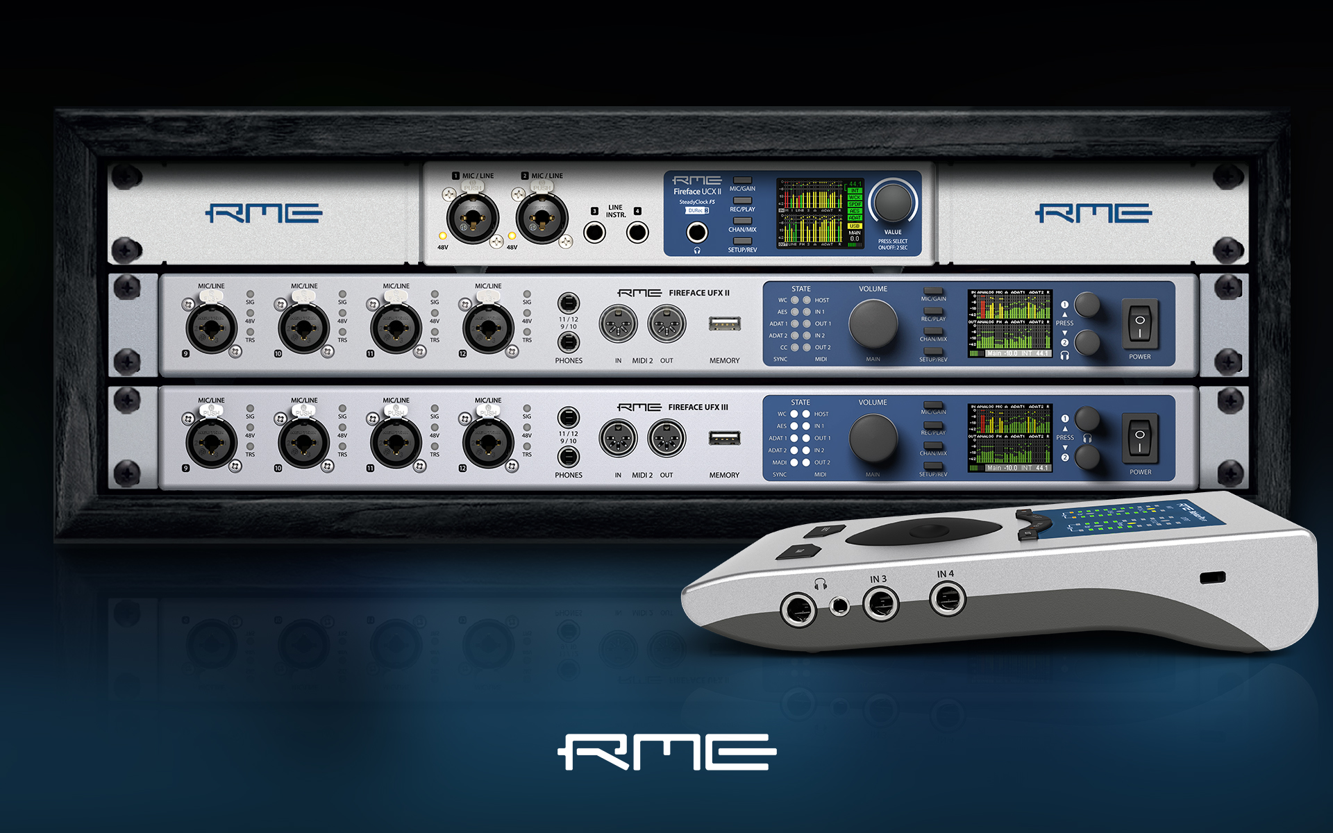 Promotional render of RME Fireface UCX II, UFX II, UFX III and Babfacr Pro FS