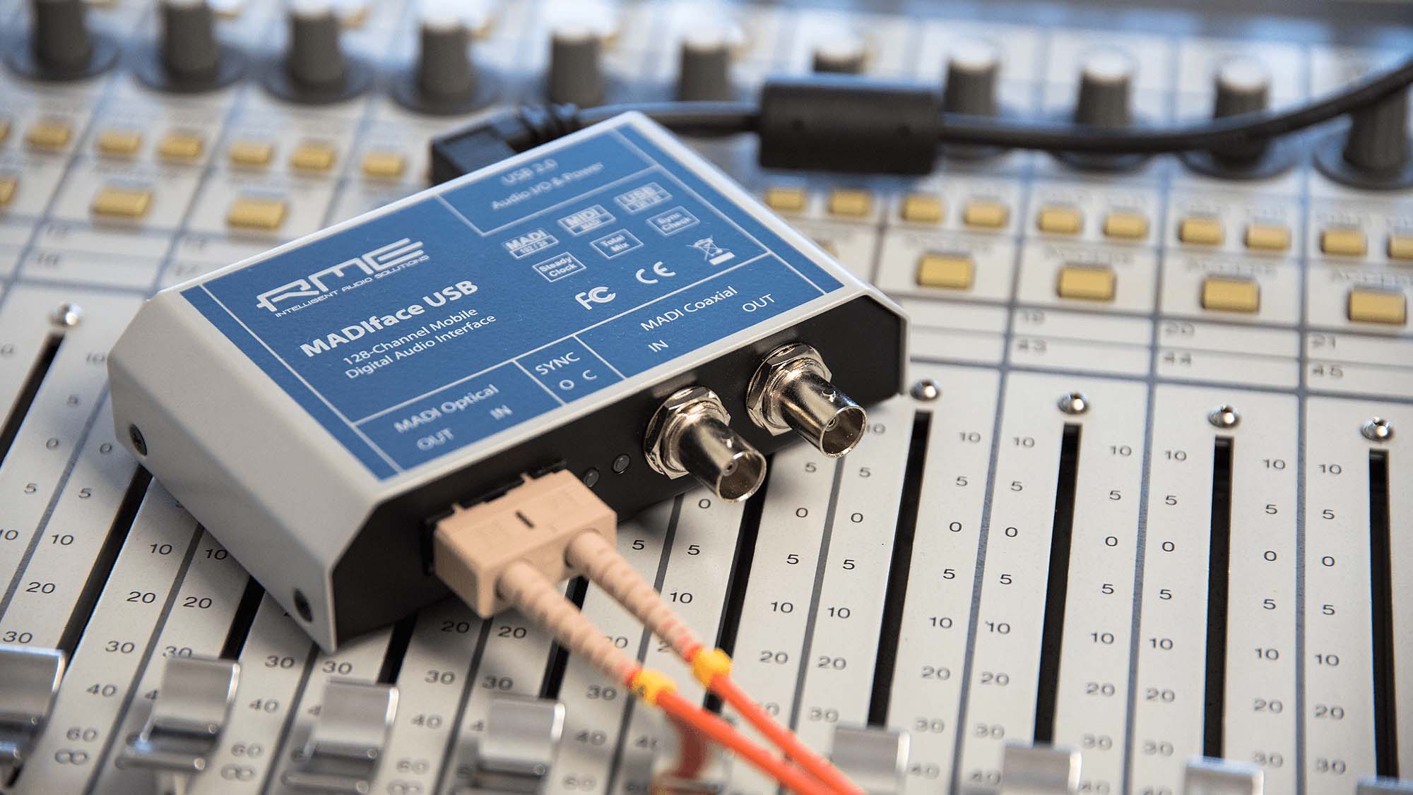 Closeup of RME MADIface USB on a mixing desk
