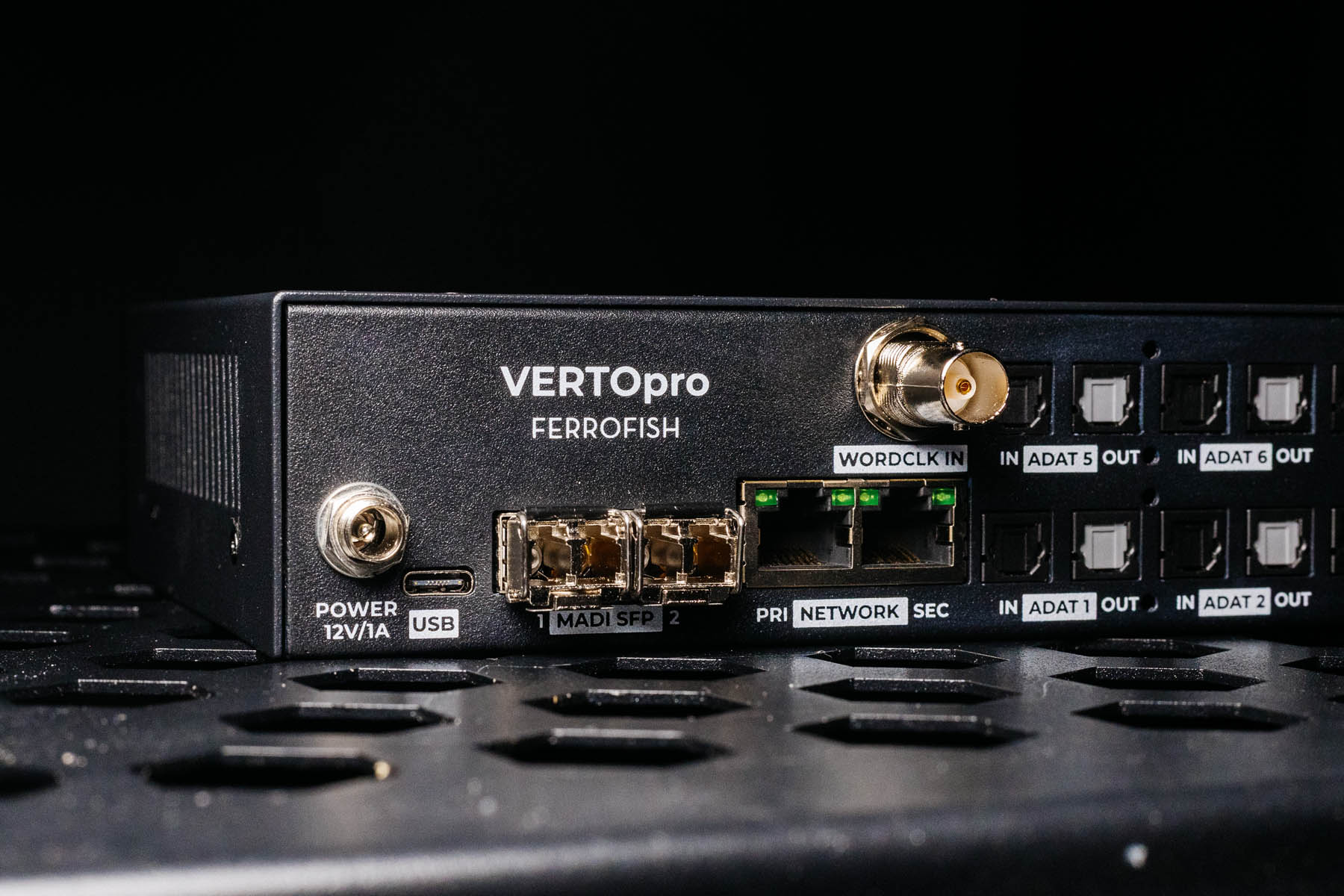 Closeup of Ferrofish VERTOpro MADI SFPs and network I/O